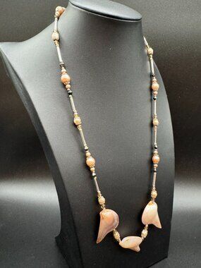 Beaded Necklace Golden Lip Oyster Pearls with Silver Tone Tube Beads 22 inches